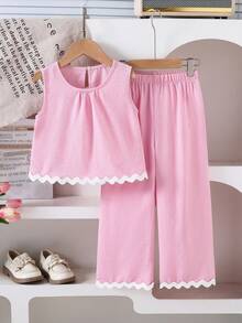 Genkimix Kids 2件套女童（小号）休闲针织黑色上衣背心和卡其色宽松裤，儿童夏季舒适日常服装 - 粉色 - 查看 1