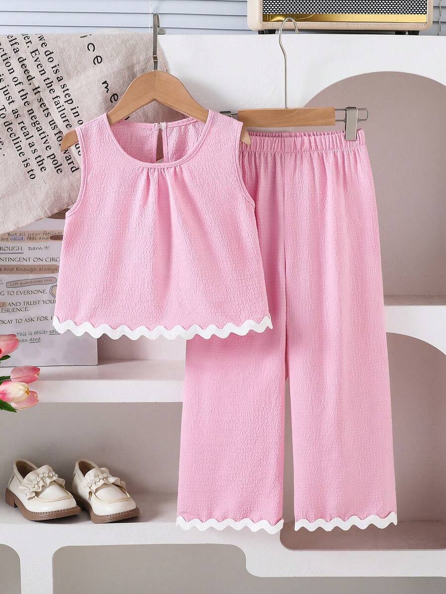 Genkimix Kids 2件套女童（小号）休闲针织黑色上衣背心和卡其色宽松裤，儿童夏季舒适日常服装 - 粉色 - 查看 1