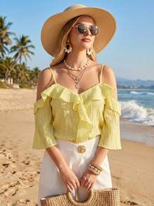 Amorya Áo hai dây trễ vai xếp ly thanh lịch mới dành cho nữ, màu vàng trơn, thích hợp mặc hàng ngày. - Màu vàng - Xem 9