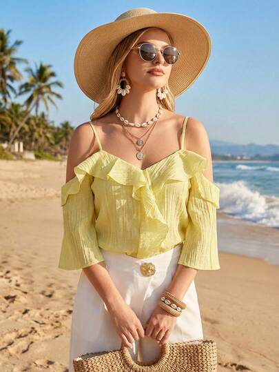 Amorya Blusa de mujer nueva y elegante con hombros descubiertos y volantes, color amarillo sólido apta para uso diario