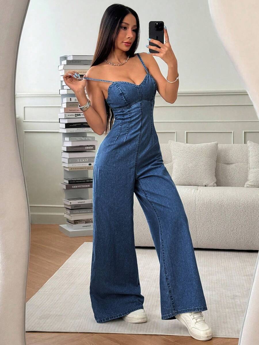 SHEIN PETITE Solid Color Casual Versatile Sleeveless Denim Jumpsuit, Spring/Summer - Medium Wash - View 1