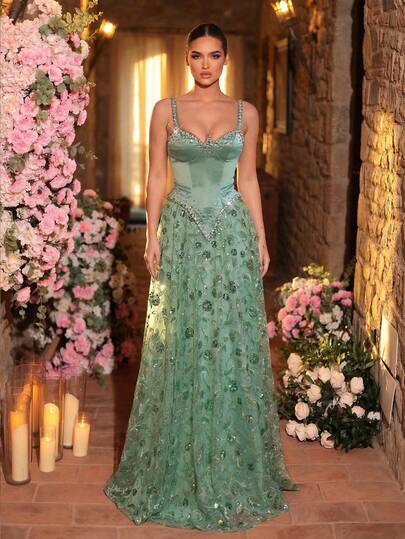 Glamrae Elegant, Glamorous, And Stylish, This Light Green Gown Features 3D Sequined Embroidery, A Luxurious Satin Finish, Rhinestone And Diamond Chain Embellishments, Wide Shoulder Straps, A Faux Two-Piece Design, And A Full Skirt. Suitable For All Formal Occasions, Wedding Guests, And Elaborate Evening Gowns.