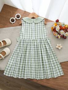 Cozy Pixies 女童格子图案翻领无袖束腰连衣裙，百搭舒适 - 綠色 - 查看 2