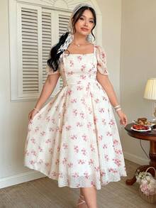 Celure Große Größen Langes Kleid für Damen mit quadratischem Ausschnitt, Polka Dot Ausschnitt-Muster, rosa Puffärmeln und taillierter Taille, eleganter Damenstil für Dates, Frühling/Sommer - Pink - Übersicht 3