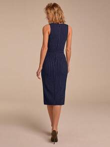 COSMINA Sleeveless Sweetheart Neck Striped Midi Dress,Navy Blue & White Elegant Summer Dresses For Women,Pencil Silhouette Mermaid Camisole Style For Work - Navy Blue - View 2