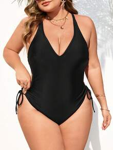 SHEIN CURVE+ 大码女士纯黑色连体泳衣，侧腰镂空系带设计，适合海滩和度假村穿着 - 黑色 - 查看 4