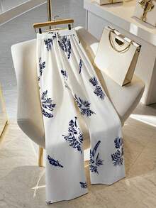 GlowEve Women's Printed Pattern Wide Leg Straight Pants, Elegant Waistband Design, Suitable For Daily, Commute, Casual, Business, French Style, Spring/Summer & Autumn/Winter - Blue and White - View 2
