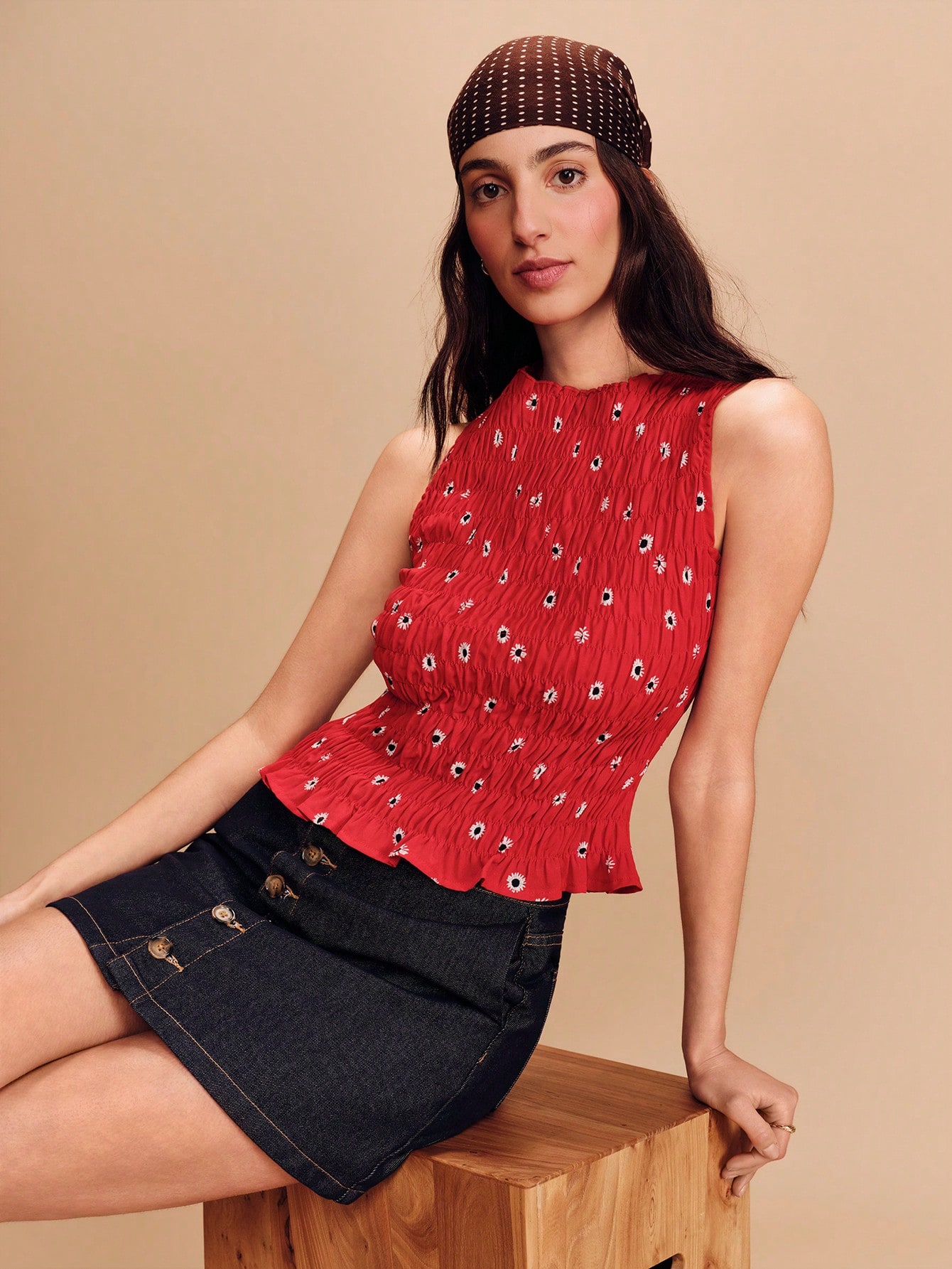 Red Print Sleeveless Ruched Top With Peplum Hem Spring Summer French Style Parisian Style Boho Vacation Going Out Resorts