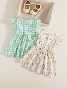 SHEIN Playful Pals 女童格子碎花圆领连衣裙 - 彩色 - 查看 2