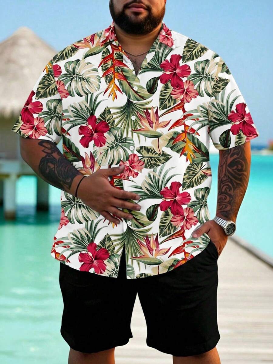 Genlund Áo sơ mi nam cỡ lớn in hoa, cài cúc phía trước, tay ngắn, kiểu dáng thường ngày, thích hợp cho kỳ nghỉ. - Nhiều màu - Xem 1