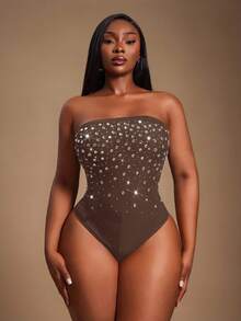 Radiana 优雅性感棕色网纱水晶连体衣，露肩紧身水钻连体衣，派对上衣，适合舞会、情人节、音乐节、演唱会、晚宴、正式活动、高贵典雅、别具一格的场合，也适合假日、约会之夜、聚会、生日、单身派对、鸡尾酒会等。 - 棕色 - 查看 8