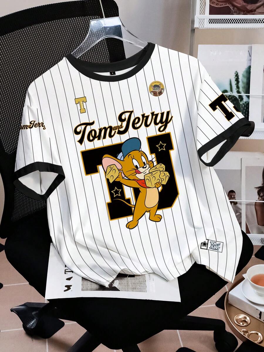 TOM & JERRY X SHEIN Women's Casual Striped Mouse Print Contrast Trim Round Neck Short Sleeve T-Shirt, Summer - White - View 1