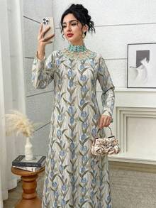 Yasmyna Đầm dài tay kiểu Ả Rập in họa tiết toàn thân, cổ đứng, phối lưới dành cho nữ. - Màu xanh lam - Xem 3