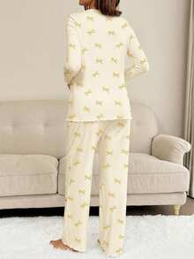 SHEIN Bộ đồ bầu 2 món gồm áo dài tay và quần in họa tiết nơ. - Màu vàng - Xem 2