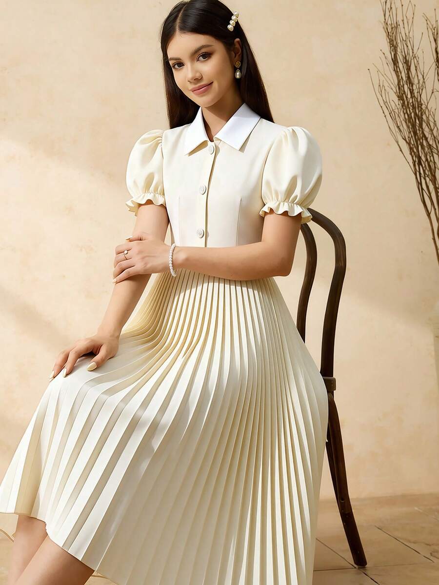 Đầm xếp ly thanh lịch dành cho thiếu nữ, cổ áo phối màu tương phản, tay phồng, dài ngang gối, cài cúc phía trước, thích hợp cho mặc hàng ngày, sinh nhật và các buổi tụ họp khác nhau, mùa xuân/hè. - Màu be - Xem 1