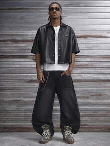 AXEPEAK Áo sơ mi nam tay ngắn cổ bẻ cài khuy đơn, chất liệu giả da PU, đính ngọc trai giả, thời trang, đa năng, phù hợp cho công sở. - màu đen - Xem 5