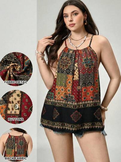 SHEIN LUNE Plus-Size Women'S Summer Boho Mothers Day Women Clothing Vintage Print Suspenders And Tank Tops Women Summer Clothes Renaissance Fair Tank