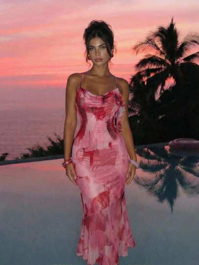 SHEIN MOD Vestido de sirena ajustado con cuello asimétrico y cruzado, estampado degradado, talla grande para mujer