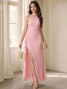 Pitira Kids Elegant Pink Summer One Shoulder Maxi Dress,Asymmetric Ruffle Hollow Out High Slit Princess Gown For Prom,Wedding,Bridesmaid And Formal Evening - Pink - View 3