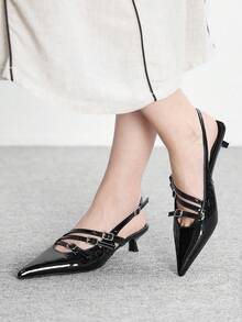 CUCCOO BIZCHIC 女士尖头黑色漆皮多带露后跟细高跟礼服鞋，适合通勤和约会 - 黑色 - 查看 3