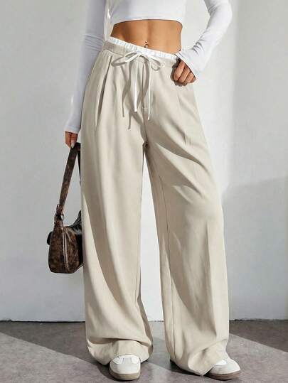 SHEIN Tall Low-Waist, Contrasting Color Waistband, Women's Sports Pants, Wide-Leg Pants, Everyday Casual Style