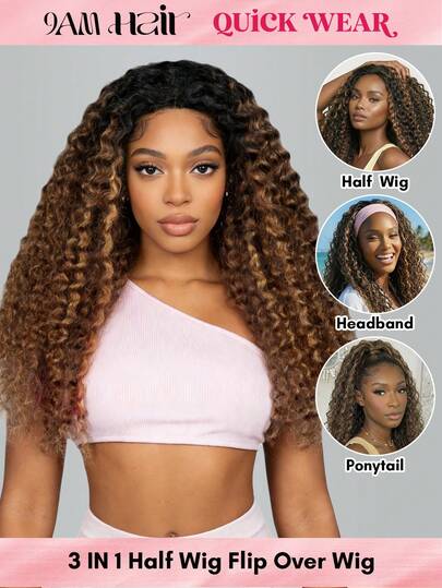QUICK WEAR 9am Hair Store 即戴即用半头假发，预造型水波纹渐变棕色假发，黑色发根，灵活贴合，三合一半头假发，带抽绳，自然发际线，无缝设计，新手友好，即戴即用，无需胶水，真人发假发，预先拔毛发际线，180% 密度，16-28 英寸。