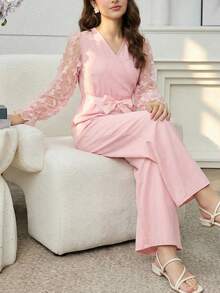 Mono de manga larga elegante de encaje y malla para niñas, adecuado para fiestas, reuniones y salidas - Rosa - Ver 5