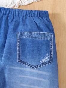 SHEIN ChillGRL Teen Girl Denim Effect Ripped Leopard Print & Cartoon Character Print Pants - Medium Wash - View 4