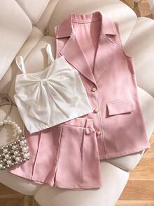 SHEIN 3件套女童夏季新款吊带蝴蝶结露脐背心、休闲直筒弹力腰短裤、无袖马甲外套、翻领开衫，简约百搭优雅时尚套装 - 粉色 - 查看 3