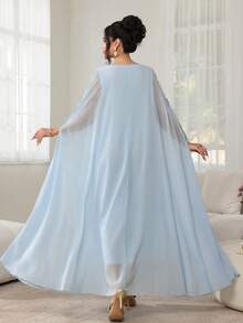 Al Najma Kaftan con mangas de capa y aplicaciones florales - Azul - Ver 7