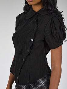 COUREZ Puff Sleeve Asymmetric Shirt /Y2K Spring Clothes For Women - Black - View 5