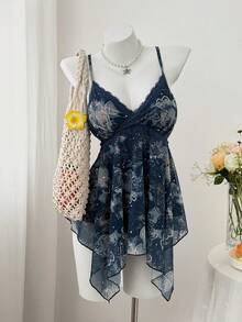 Sweetra 女士印花腰果花领蕾丝不对称下摆围巾式吊带背心，佩斯利印花，适合音乐节、夏季、度假、日常穿着 - 藍色 - 查看 5