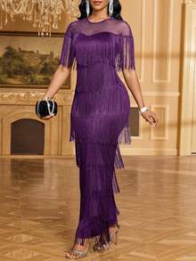 SHEIN Lady Đầm thời trang nữ màu trơn có tua rua - Màu tím - Xem 3