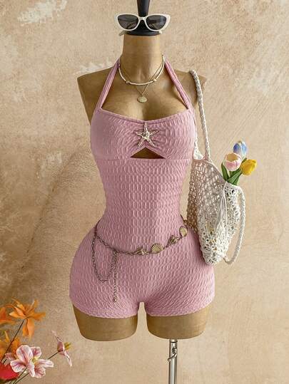 Soleia Women's Vacation Halter Tie Bow Solid Color Textured Jumpsuit, Beach Party,Party