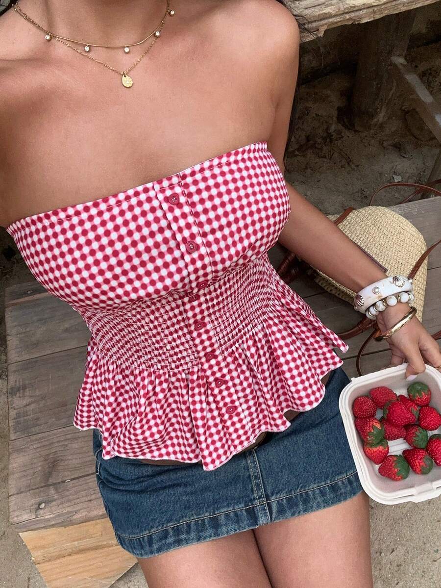 Sunnyshic 女士夏季海滩度假风印花荷叶边抹胸上衣 - 紅白色 - 查看 1