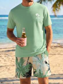 VIVINTIMO Men's Hawaiian Vacation Style Coconut Tree Print T-Shirt Set Men Beach Outfit Set Men 2 Piece Set Tropical Men Hawaii Outfit Men S Vacation Outfit - Multicolor - View 1