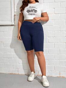 SHEIN Essnce Quần legging cỡ lớn, thoải mái, nhiều túi. - Màu xanh hải quân - Xem 5