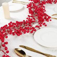 2 件装 78 英寸圣诞红色浆果藤蔓，人造红色花环，适用于圣诞树、室内壁炉装饰、圣诞氛围装饰、主题派对背景装饰、家居装饰、餐桌中心装饰、节日庆典活动、门廊悬挂装饰 - 彩色 - 查看 3