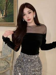 Dazy Tall 女士圆领丝绒网纱拼接修身优雅套头衫 - 黑色 - 查看 4
