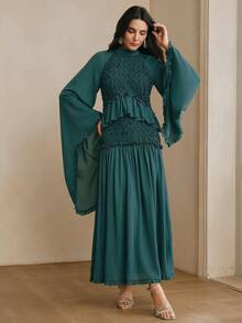 Anewsta New Spring/Autumn French Pleated Fashion High-End Elegant Ruched Hem Dress, High-Quality Long Dress, Slimming Evening Gown - Teal Blue - View 2