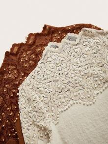 Anewsta 2 Pcs Elegant Lace Patchwork Pearl Embellished Crew Neck Knit Top T-Shirt Set - Multicolor - View 4