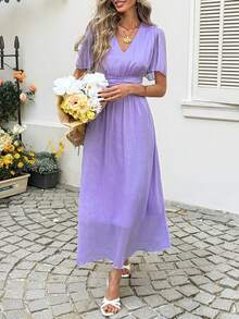 SHEIN LUNE Women's Casual Shirred Purple Pullover Dress Summer Dresses For Women Summer Outfits For Women Spring Outfit Women Beach Dresses For Women Vacation Outfits Women Summer Holiday Outfits  Casual Dresses For Women Cruise Outfit For Women Sun Dresses For Women Resort Wear Women Purple Dresses For Women Lavender Dress Women Lilac Dress Women Pastel Purple Dress Purple Summer Dress Violet Dress - Purple - View 5