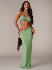 SHEIN BAE 女士休闲度假褶皱腰链装饰半身裙，适合海滩度假、浪漫约会、泳池派对、沙滩派对，优雅性感。 - 綠色 - 查看 3