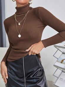 Cévolie 女士纯色高领长袖修身套头毛衣，适合秋冬季穿着 - 咖啡棕 - 查看 4