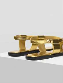 MOTF PREMIUM LADIES SUMMER FASHION CASUAL COMMUTER VACATION WIND METAL TRIM THUMBS CROSSED WITH FLAT SANDALS SUMMER SHOES - Gold - View 8