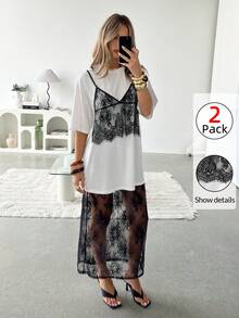 Siren Gaze Bộ đồ nữ cổ tròn phối ren 2 trong 1 gồm áo tay ngắn và chân váy, thích hợp cho kỳ nghỉ hoặc dạo phố. - Đen và trắng - Xem 1