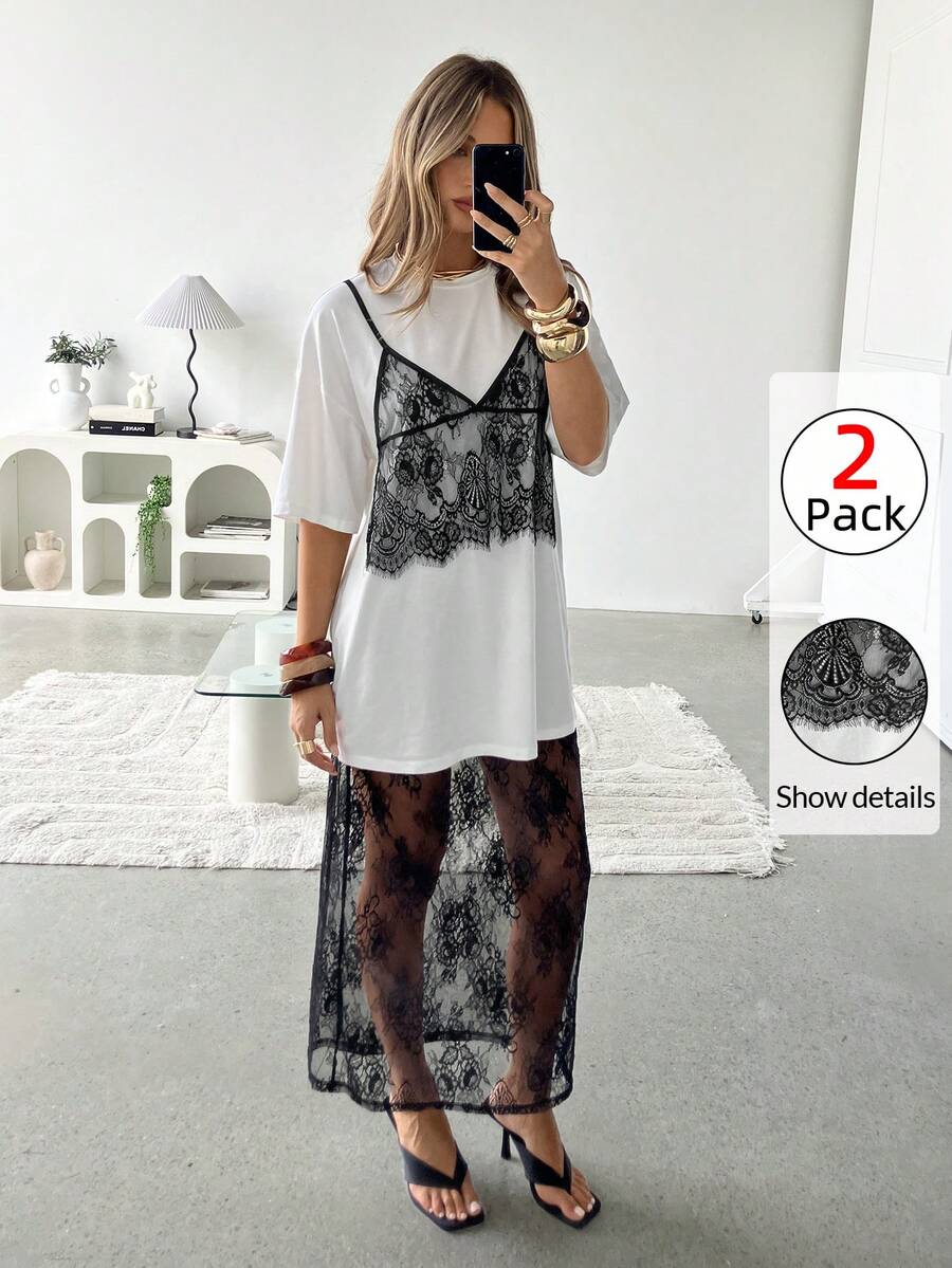 Siren Gaze Bộ đồ nữ cổ tròn phối ren 2 trong 1 gồm áo tay ngắn và chân váy, thích hợp cho kỳ nghỉ hoặc dạo phố. - Đen và trắng - Xem 1