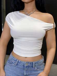 Vassilux Women's Solid Color Ruched Oblique-Shoulder Asymmetric Summer Top - White - View 6