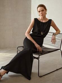 MOTF PREMIUM VESTIDO LARGO DE CUELLO REDONDO Y CINTURA ESBELTA - Negro - Ver 2