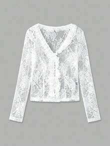 lacRébo Romantic White Lace Blouse With Front Buttons And Ruffle Fall Women Clothes Autumn Winter - White - View 7